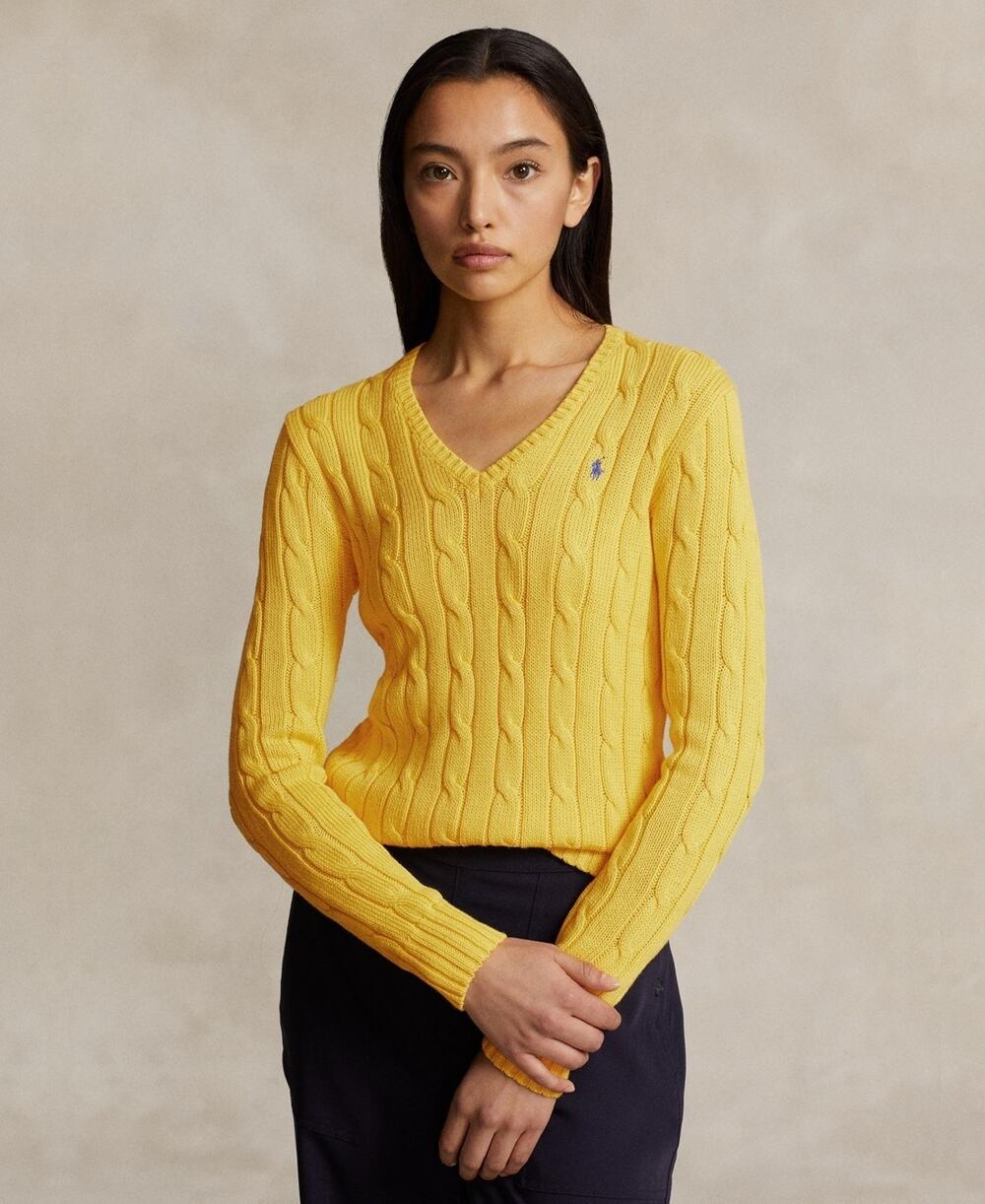 Polo Ralph Lauren Women's Cable-Knit Cotton V-Neck Sweater Yellow Size L 3996